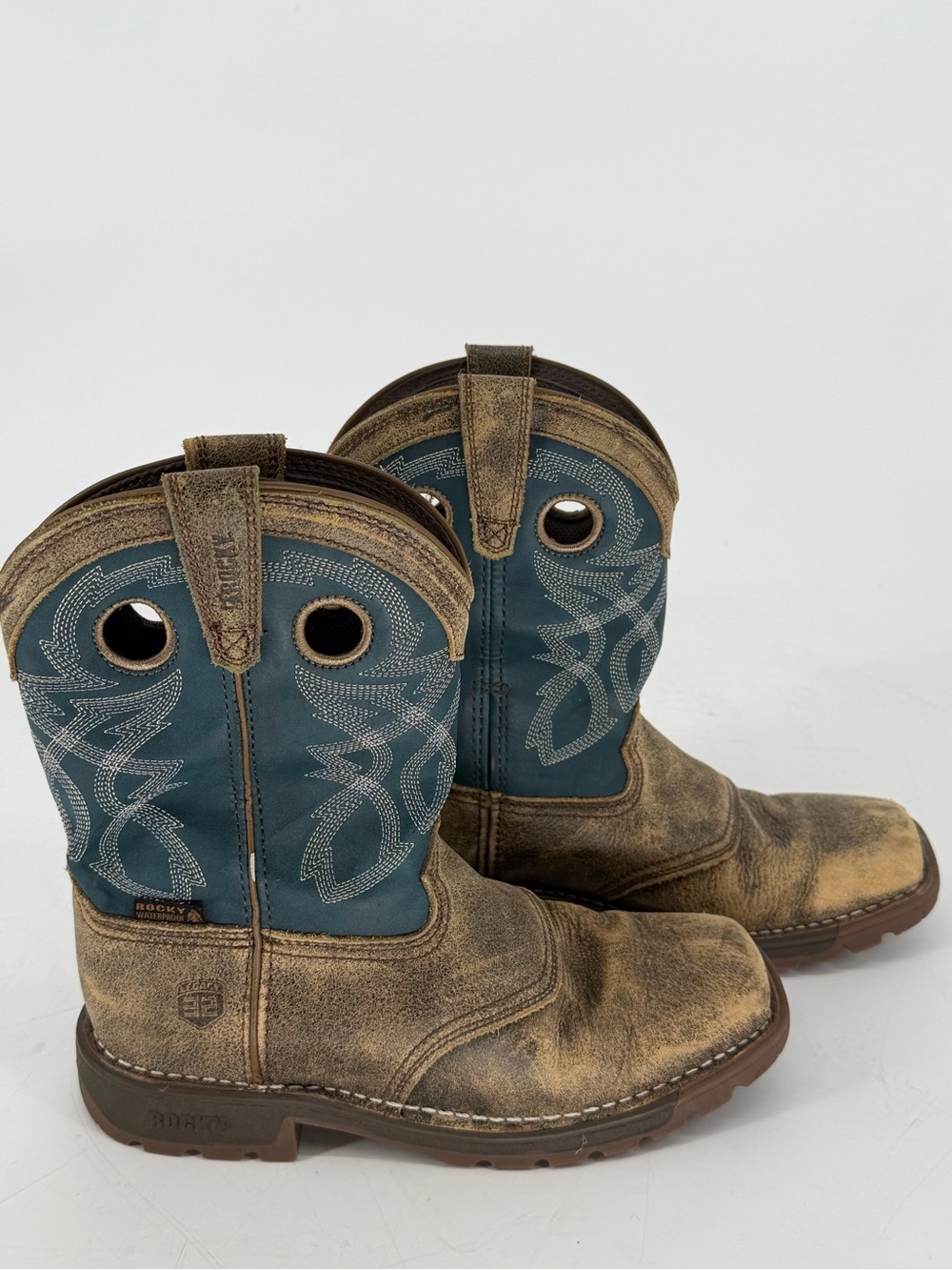 Rocky Brown Distressed Leather Work Boots with Teal Shaft